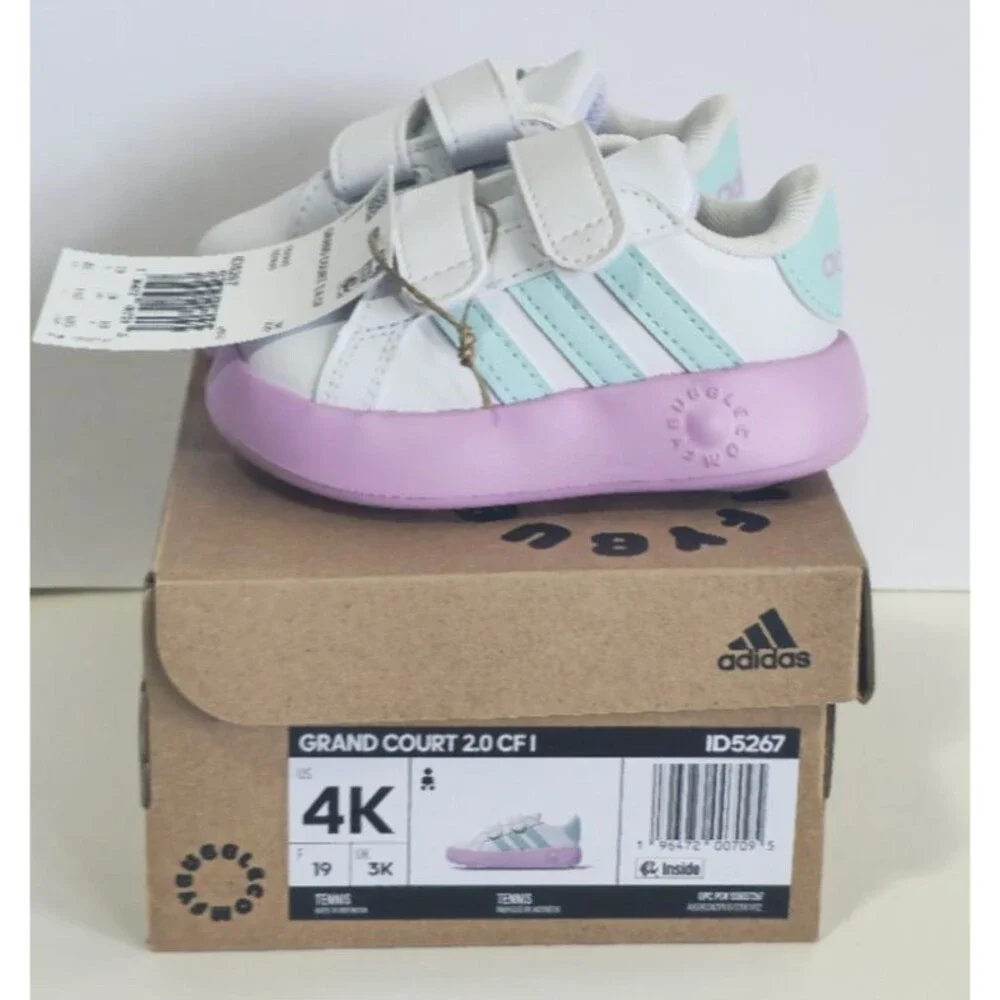 Adidas Grand Court 2.0 Girls Infant Shoes Size 4K White Turquoise Purple - Picture 3 of 11